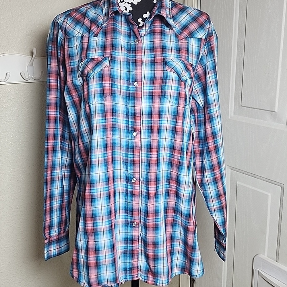 Wrangler Shirt Womens XXL Blue Pink Plaid Pearl Snap Western Rodeo Cowboy Ranch